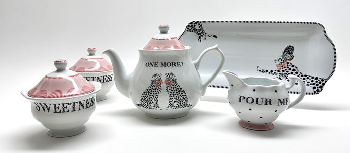 Ellen Studio London Magenta Pink/ White/ Black Dotted Cheetah Teapot/ Creamer/ Sugar Bowl Set.