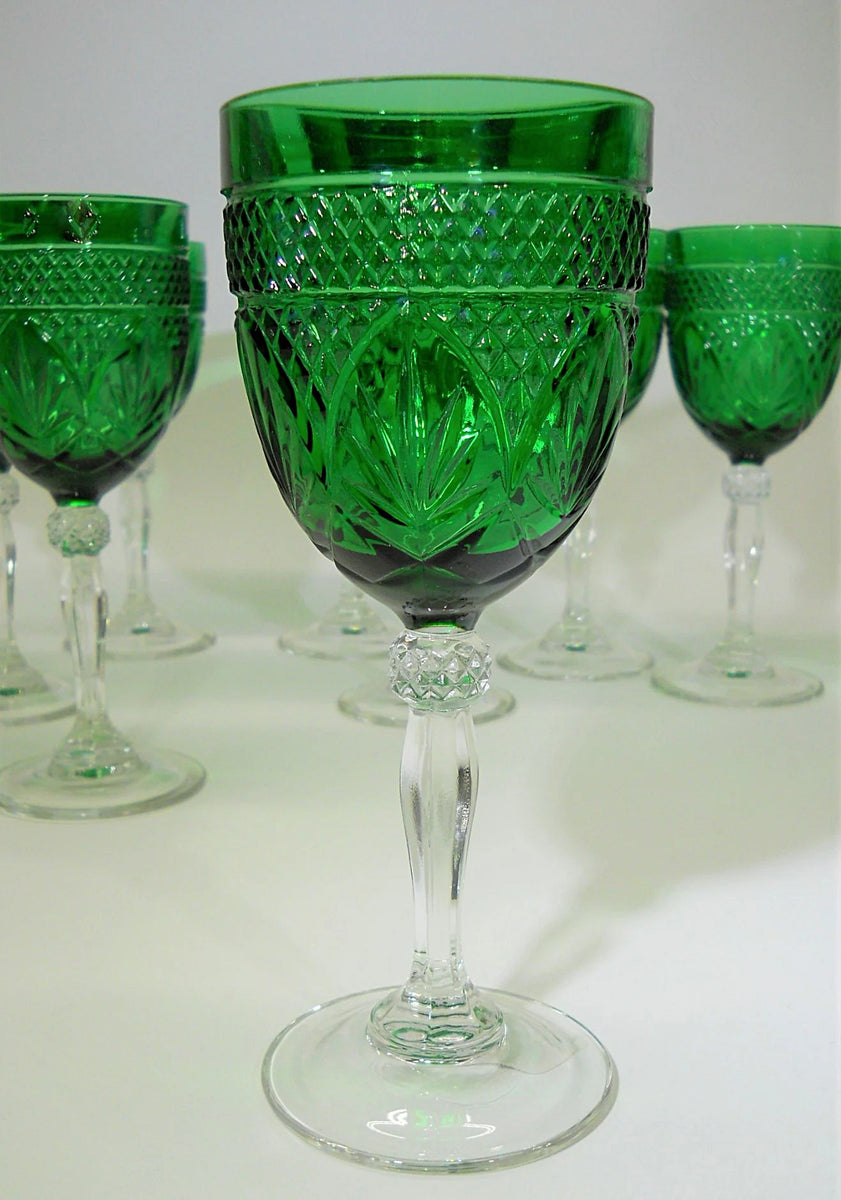 Modern Cristal D' Arques Durand Emerald Stemmed Wine Glasses - Set of 8