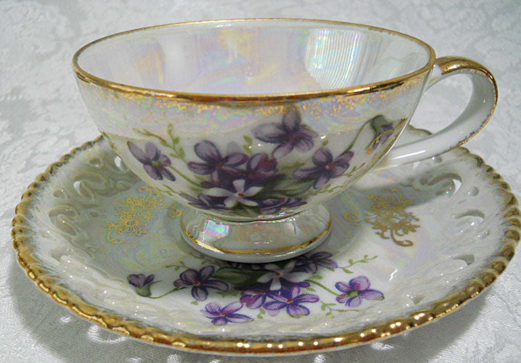 Lusterware Teacup Sets (2) Purple Flowers and Gold Trim and Royal Halsey/  Lipper and Mann Pink