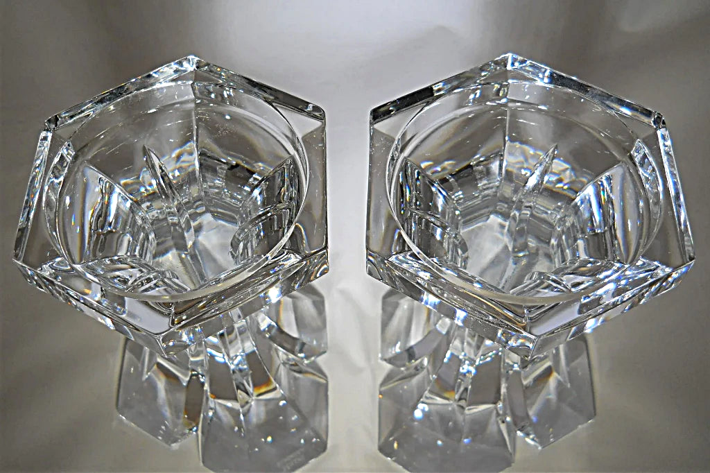 Rogaska Triangle Crystal Pillar Candle Holder Pair BINCHEY'S LLC.