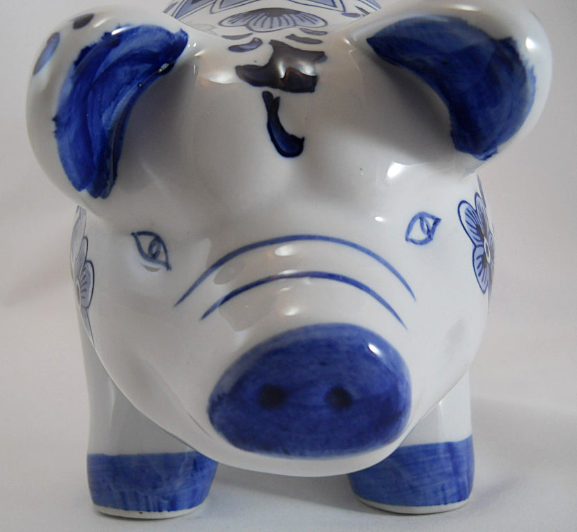 VTG SIGNED PORCELAIN CERAMIC BLUE AND WHITE PIG PIGGY BANK NO