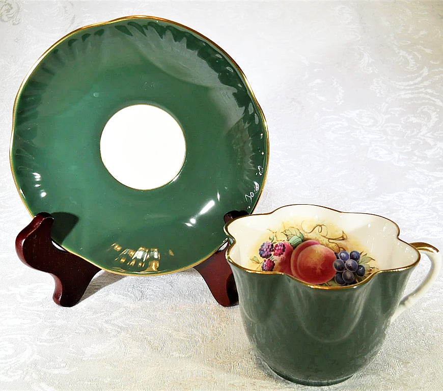 Crown Staffordshire hot signed J.A. Bailey Artist Turquoise Orchard Fruits Bone China Cup & Saucer c. 1930's