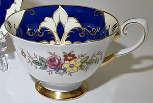 Tuscan Royal Blue/ Cream/ Floral/Gold Fine English Bone China Teacup and Saucer Set. c.1947-1966