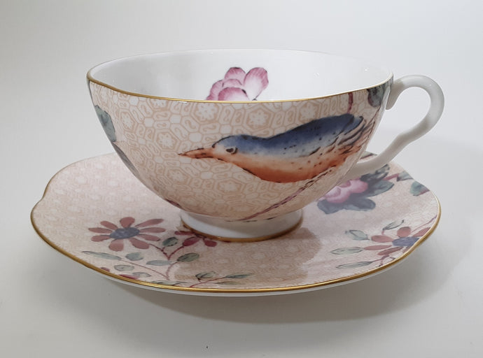 Wedgwood Cuckoo Fine Bone China Collection Peach Teacup and Saucer Set.