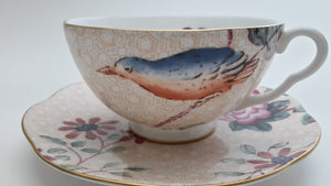 Wedgwood Cuckoo Fine Bone China Collection Peach Teacup and Saucer Set.