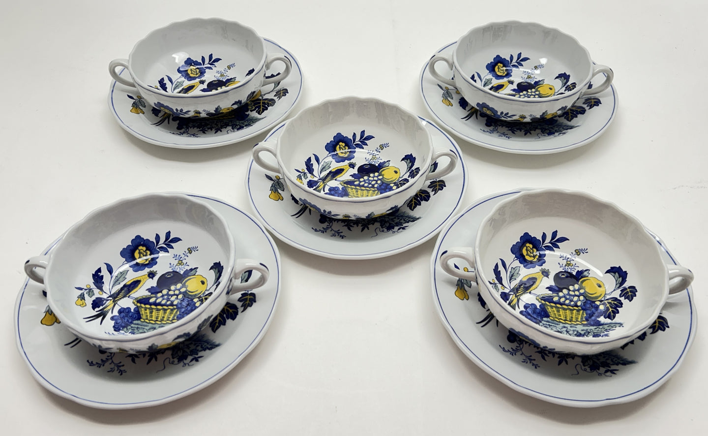 Spode England Fine Stone Blue Bird Cup, Plate, Soup Bowl 25-Piece Collection, 1958-1990