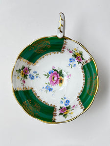 Royal Stafford Fine English Bone China Green/Gold Trim and Floral and Queen Anne Baby Blue and Floral Teacup and Saucer Pair