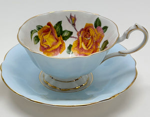 Royal Stafford Fine English Bone China Green/Gold Trim and Floral and Queen Anne Baby Blue and Floral Teacup and Saucer Pair