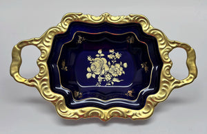 Lindner Echt Cobalt Blue With 22 kt. Gold Gilt Porcelain Handled Serving Bowl. GERMANY