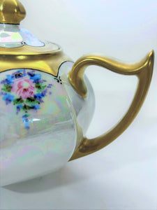 Zeh Scherzer Porcelain Gold Gilt Iridescent Antique Small Teapot and Creamer Set. c.1880-1918