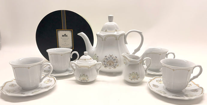 Downton Abbey Masterpiece World Market Teapot w/ Creamer/Sugar Bowl PLUS Boxed Four Cup/Saucer Set, 2015.