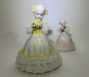 Lace and Ceramic Girl with Yellow and Pink Flowers Figurine Pair