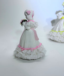 Lace and Ceramic Girls with Yellow and Pink Flowers Figurine Pair