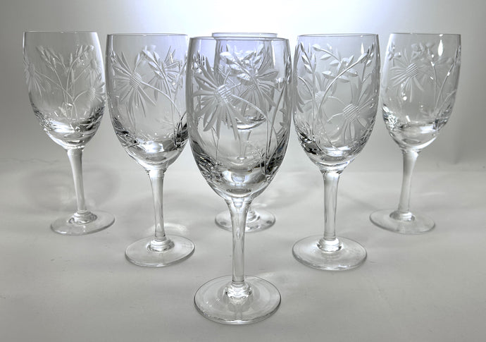 Royal Brierley Cornflower Blown Crystal Water Goblet Collection of Six. ENGLAND.