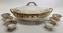 Noritake Christmas Ball #175 Hand Painted Porcelain Covered Oval Vegetable Serving Bowl w/ Six Antique Nippon Open Salt Dips, c.1906-1930.