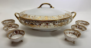 Noritake Christmas Ball #175 Hand Painted Porcelain Covered Oval Vegetable Serving Bowl w/ Six Antique Nippon Open Salt Dips, c.1906-1930.