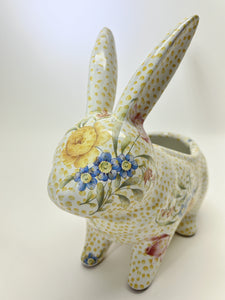 Ceramic Yellow Dot and Flowers Bunny Rabbit Planter