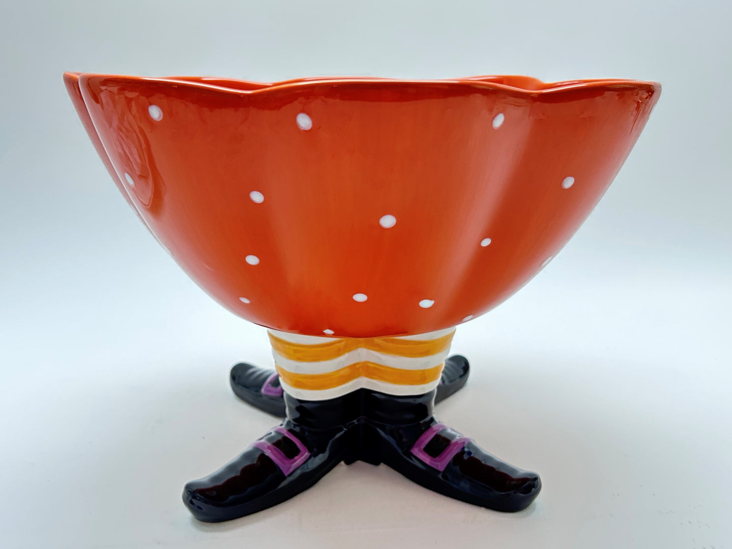 Mesa Home Orange and White Dots Shoe Footed Halloween Pumpkin Serving Centerpiece Bowl. 12