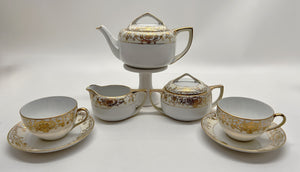 Noritake Christmas Ball Porcelain Hand Painted Teapot, Sugar Bowl, Creamer and Two Cup Set, c.1918-1930