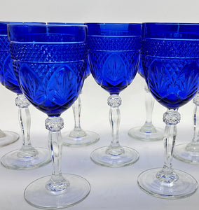 Cristal D'Arques-Durand Antique Sapphire Blue and Clear Stem Water Goblet Collection of  Six. 1999-2003