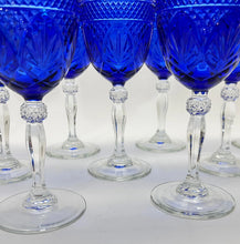 Cristal D'Arques-Durand Antique Sapphire Blue and Clear Stem Water Goblet Collection of  Six. 1999-2003