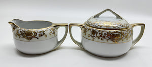 Noritake Christmas Ball Porcelain Hand Painted Teapot, Sugar Bowl, Creamer and Two Cup Set, c.1918-1930