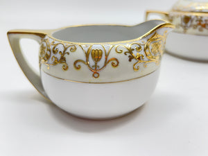 Noritake Christmas Ball Porcelain Hand Painted Teapot, Sugar Bowl, Creamer and Two Cup Set, c.1918-1991