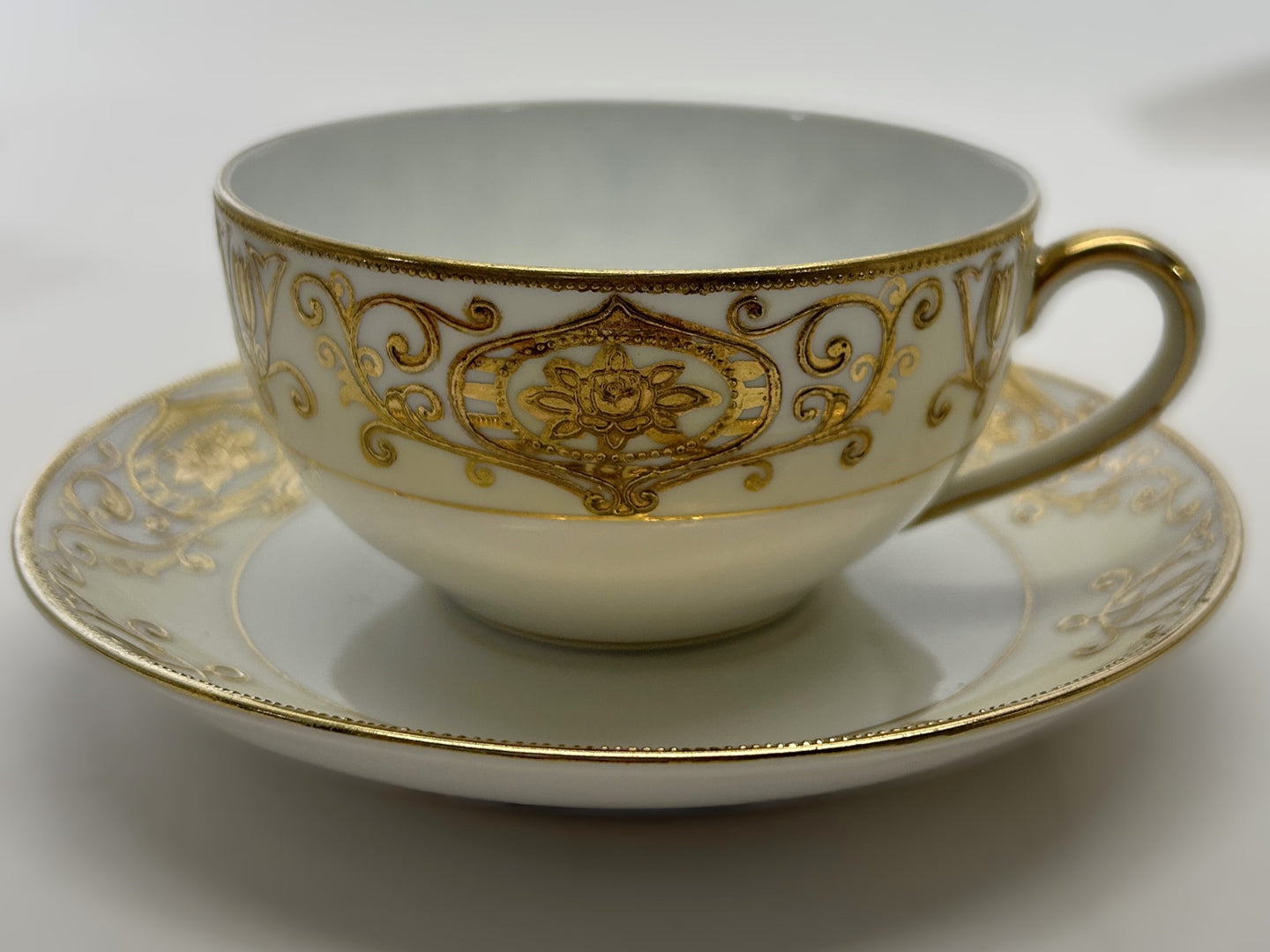 Noritake Christmas Ball #175 Hand Painted Porcelain Cup and Saucer Sets of Six. c.1918-1991.