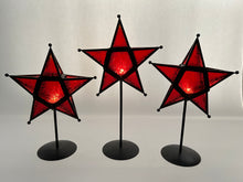 Elements Five Point Red Stained Glass Star Tealight Candle Holder w/ Black Metal Pedestal. Set of Three.