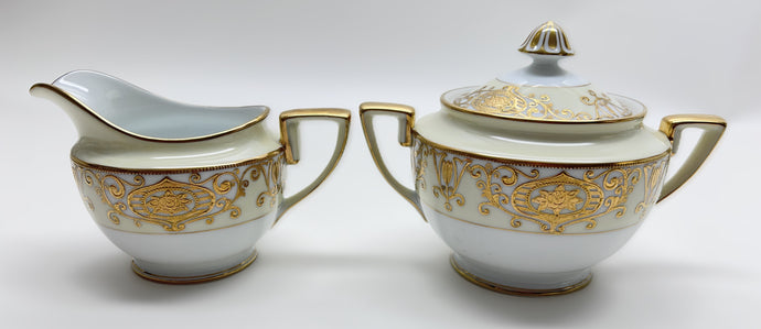 Noritake Christmas Ball Porcelain Hand Painted Sugar Bowl and Creamer Set of Two, c.1935-1991