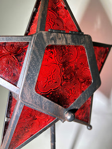 Elements Five Point Red Stained Glass Star Tealight Candle Holder w/ Black Metal Pedestal. Set of Three.