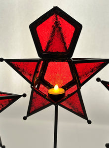 Elements Five Point Red Stained Glass Star Tealight Candle Holder w/ Black Metal Pedestal. Set of Three.