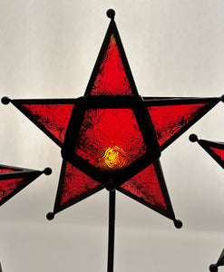 Elements Five Point Red Stained Glass Star Tealight Candle Holder w/ Black Metal Pedestal. Set of Three.