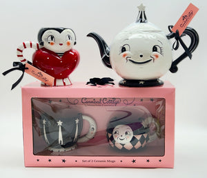 Laughing Luna by Johanna Parker Teapot/ Ceramic Mugs w/Bonus Love Bug Mug. NEW.