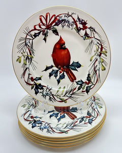 Lenox Winter Greetings Fine China Cardinal Accent Luncheon Plate Collection of Six. 