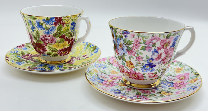 Bethany England Fine Bone China Footed Chintz Teacup Set of Two.