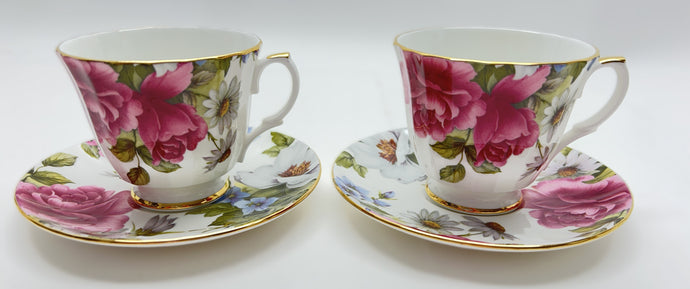 Duchess Olde England Fine Bone China Pink, White, Blue Floral Footed Cup/ Saucer Set Pair.