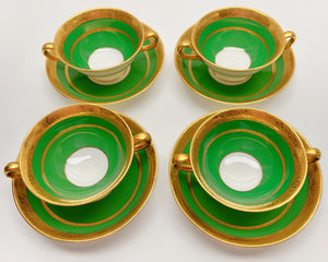 Minton Green and Gold Encrusted Bouillon Cup/ Saucer Set of Four for Tiffany and Co., ENGLAND, c. 1902-1912.