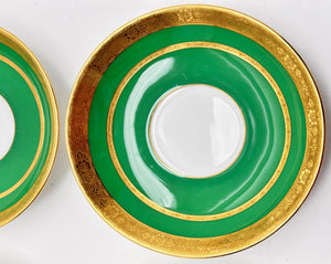 Minton Green and Gold Encrusted Bouillon Cup/ Saucer Set of Four for Tiffany and Co., ENGLAND, c. 1902-1912.