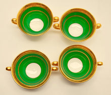 Minton Green and Gold Encrusted Bouillon Cup/ Saucer Set of Four for Tiffany and Co., ENGLAND, c. 1902-1912.