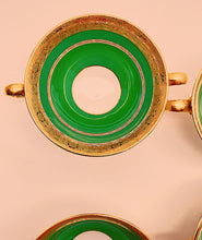 Minton Green and Gold Encrusted Bouillon Cup/ Saucer Set of Four for Tiffany and Co., ENGLAND, c. 1902-1912.