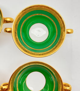 Minton Green and Gold Encrusted Bouillon Cup/ Saucer Set of Four for Tiffany and Co., ENGLAND, c. 1902-1912.