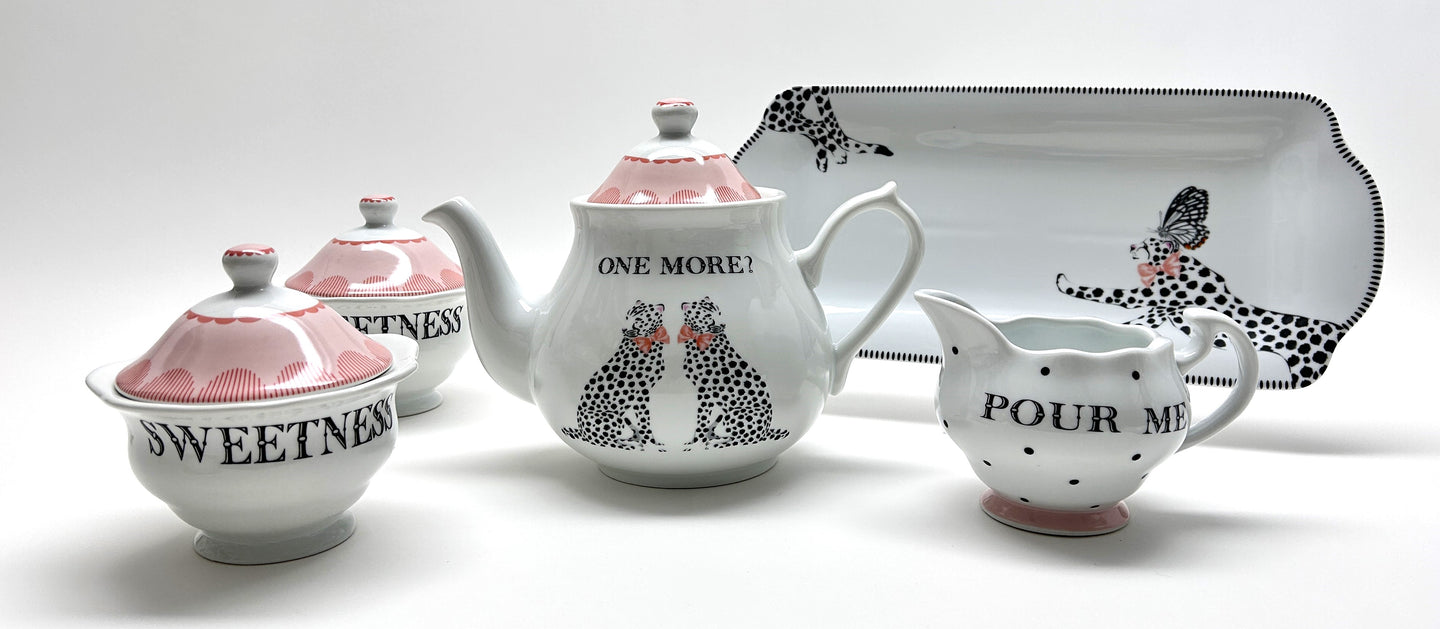 Ellen Studio London Magenta Pink/ White/ Black Dotted Cheetah Teapot/ Creamer/ Sugar Bowl Set.