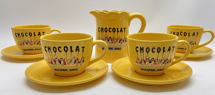 Chocolat Delespaul-Havez Yellow Ceramic 9-Piece Large Cup and Saucer Collection For Four. FRANCE.