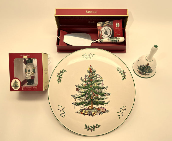 Spode Christmas Tree Cake Plate/ Server Knife/ Bell and Ornament Set.