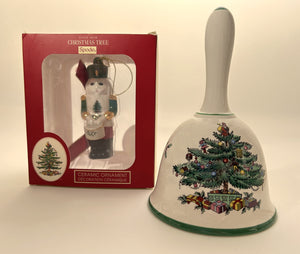 Spode Christmas Tree Cake Plate/ Server Knife/ Bell and Ornament Set.