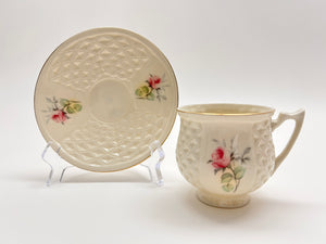 Donegal Parian China Pink Rosebud Embossed Tea Cup and Saucer Set. c.1985-1999. Ireland.