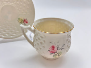 Donegal Parian China Pink Rosebud Embossed Tea Cup and Saucer Set. c.1985-1999. Ireland.