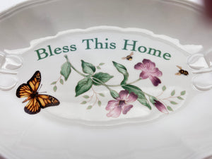 Lenox Butterfly Meadow Tea For One Teapot/ Cup Set with "Bless This Home' Tray