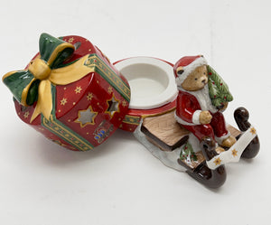 Villeroy and Boch Holiday Bear Santa on Sled Toy Box Ceramic Votive Candle Holder